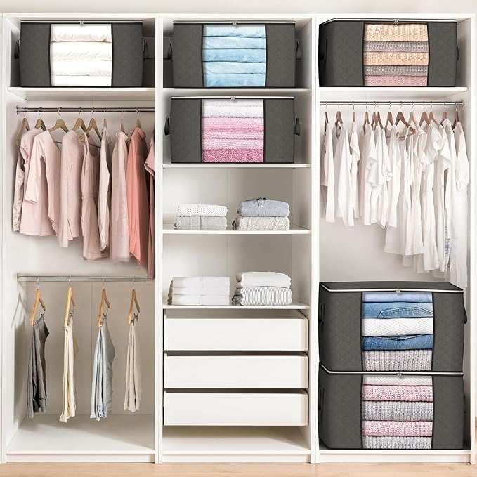 90L Large Storage Bags, 10 Pack Clothes Storage Bins Closet Organizers | Foldable Storage Containers, with Reinforced Handle, for Clothing, Blanket, Comforters, Bed Sheets, Pillows and Toys,Gray
