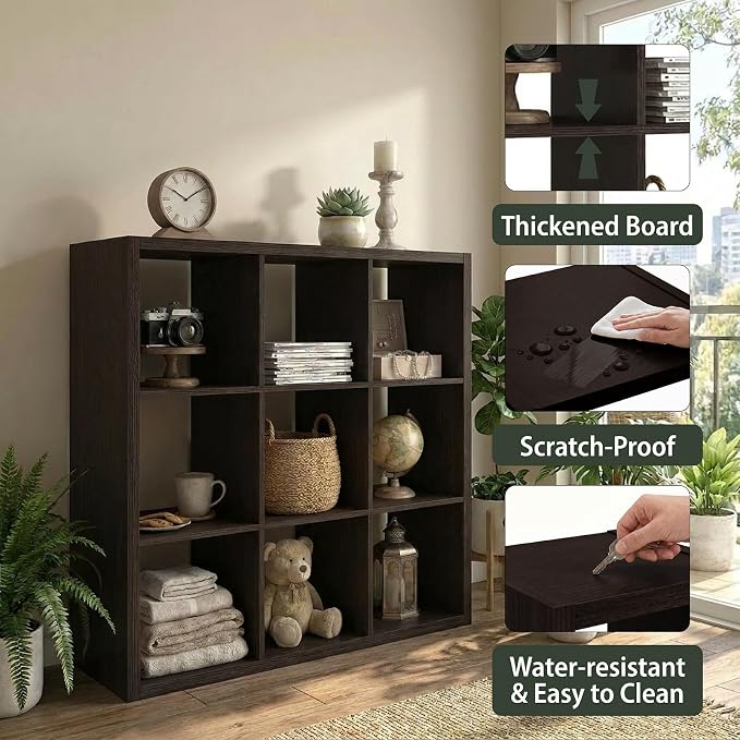 WannabeMyself【2026 Wooden Thick Frame】 9 Cube Storage Organizer with Anti-Tipping Kits, Reversible Open Back Book Shelf,Bookcase for Living Room,Bedroom,Entrance Hall,Office,11.6×36.3×36.3,Chocolate