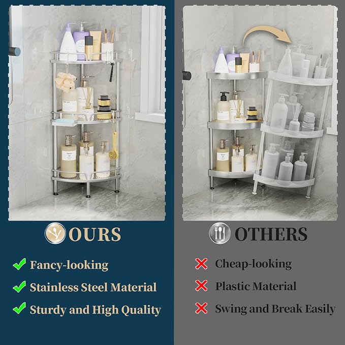 Consumest Corner Shower Caddy Stand - 3 Tier Shower Organizer with Soap Holder, Tall Floor Corner Shelf Standing with Adjustable Feet & 4 Hooks, Storage Rack for Bathroom, Silver