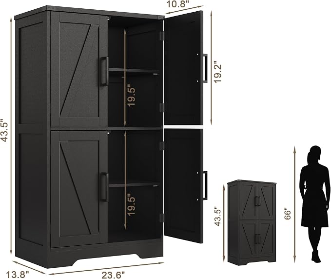 Treocho Farmhouse Bathroom Floor Cabinet with Adjustable Shelves | 13.78"D x 23.62"W x 43.46"H, Freestanding Kitchen Pantry Cabinet, Cupboard for Living Room, Dining Room, Black