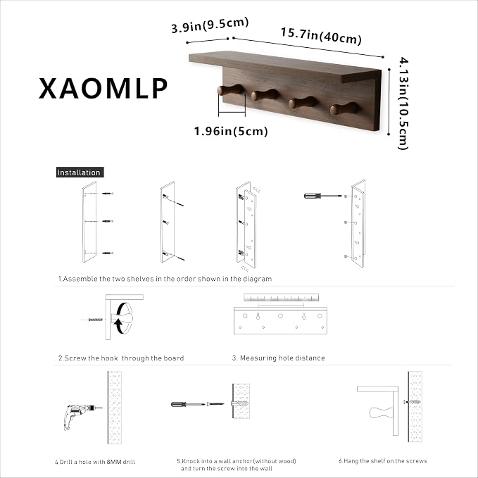 Entrance Coat Rack ，Coat Hooks, Wall-Mounted Wooden Hook Rack, Wall-Mounted Shelves are Very Suitable (Teak Colored Finish—A-1)