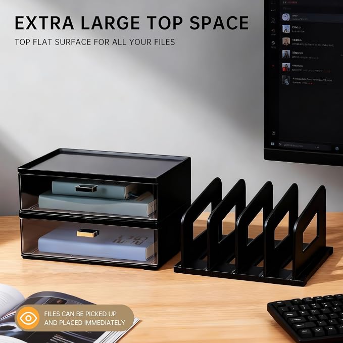 CiWiVOKi Desk Organizer with 4 File Slots and 2 Drawers, Black | File organizer with dual pen holders and storage compartments for mail, documents and office supplies