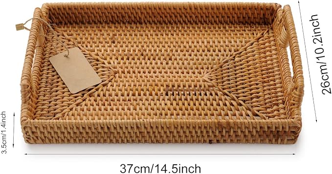 Hand-Woven Rattan Rectangular Serving Tray with Handles for Breakfast, Drinks, Snack for Coffee Table (14.5x10.2x1.4inches)