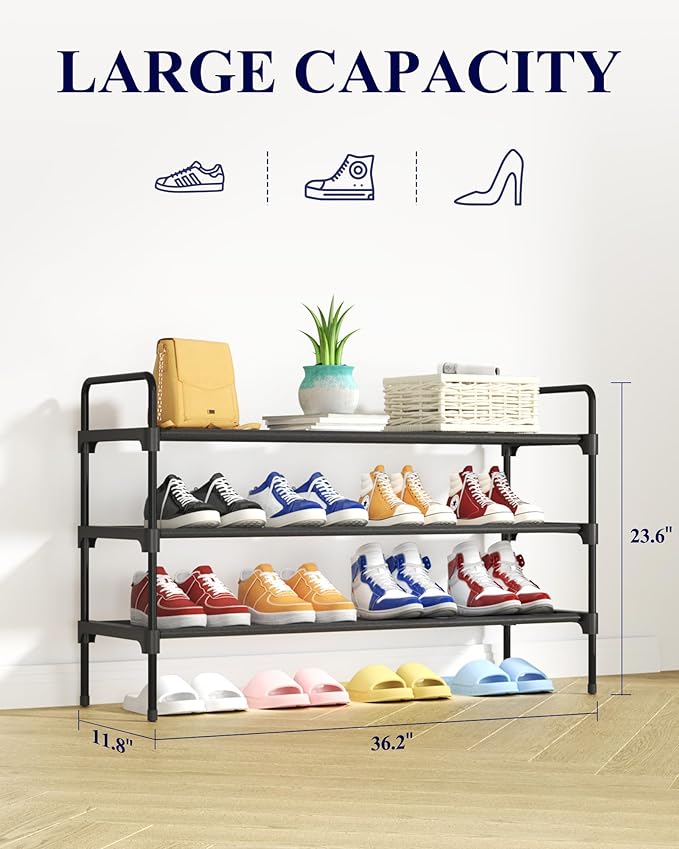 Kitsure Shoe Rack for Closet, Shoe Storage, 36.2" Wide - 3 Tiers, Black | Shoe Organizer for Closet, Entryway, Living Room, Space-Saving Shoe Shelf, Sturdy Zapateras Organizer