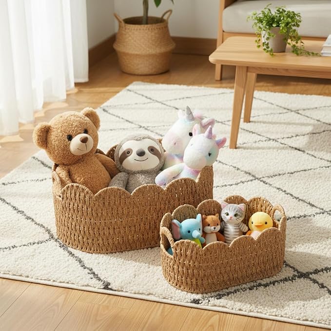 Coeusy Paper Rope Scalloped Basket Set of 2, Wicker Storage Baskets for Shelves,Gifts,Books,Toys,Cute Decor Rattan Baskets for Organizing,Natural Color