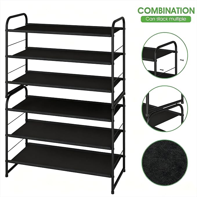 Ekisemio 3-Tier Stackable Shoe Rack – Expandable & Adjustable Fabric Shoe Organizer, Space-Saving for Closet, Black