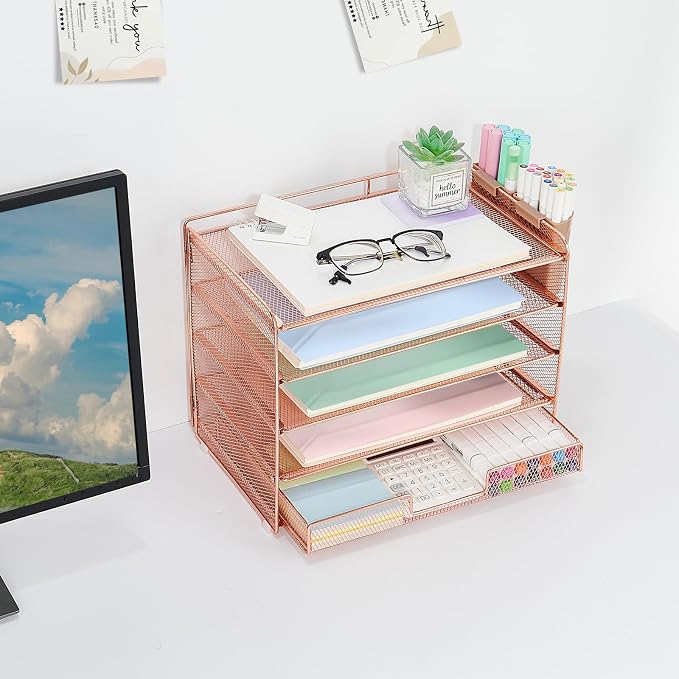 LEKETREE Desk Organizer and Accessories, 5-Tier Paper Letter Tray Organizer with Drawer & 2 Pen Holders for Desktop File Organization, Office Desk Accessories for Supplies Storage (Rose Gold)