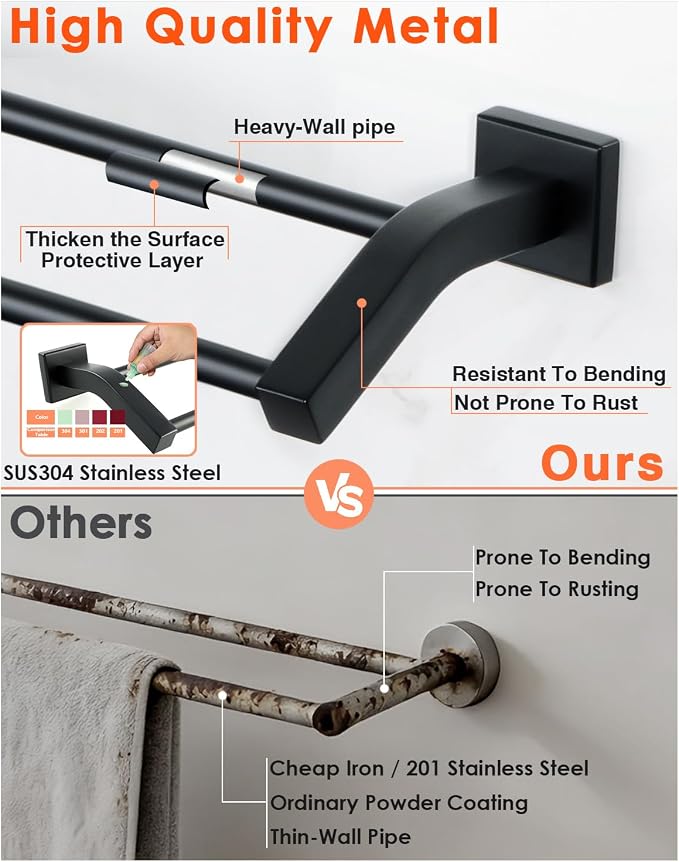 Alise Double Towel Bar,16 Inch Double Towel Racks for Bathroom, Matte Black | Quick Drying Bathroom Towel Holder, SUS304 Stainless Steel Towel Hanger Wall Mounted, Useable Length 14.9"