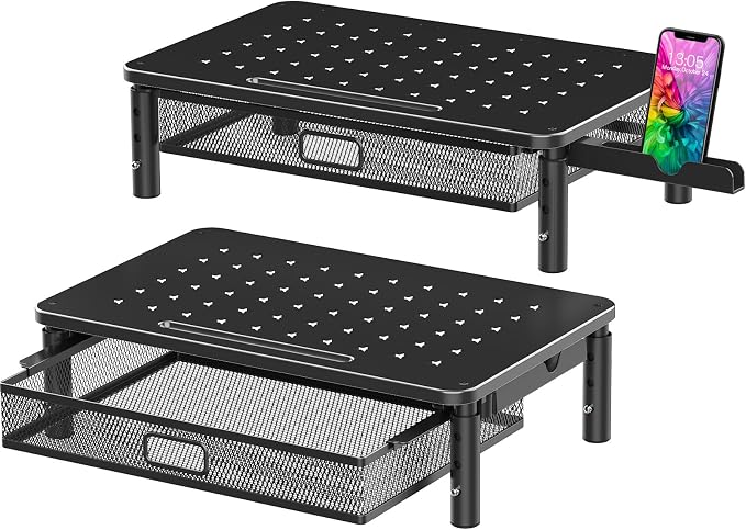 Zimilar 2 Pack Monitor Stand Riser with Metal Drawer, 3 Height Adjustable | Monitor Riser with Phone Holder for Printer, Laptop, Premium Metal Computer Monitor Stand with Storage for 2 Monitors
