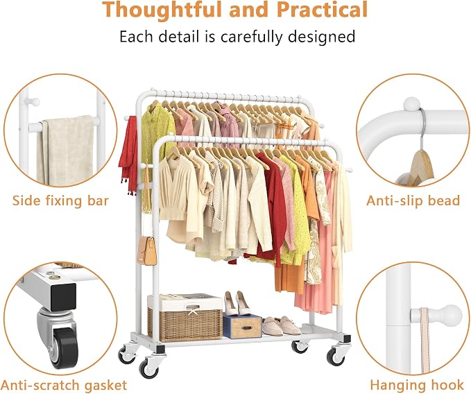 Laiensia Double Rods Garment Rack with Wheels, Clothing Rack for Hanging Clothes,4 Hooks, Multi-functional Bedroom Clothes Rack, White