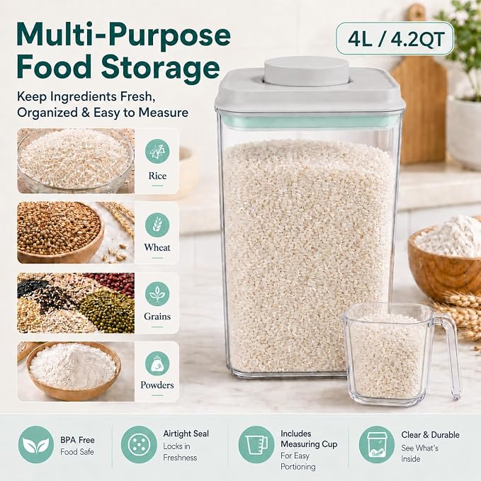 POP Airtight Flour-Rice Food-Storage Container - 4L/4.2Qt Jar with Lid(4Pc) and 3.3Oz Scoop(4Pc) | BPA-Free | Perfect for Storing Grains, pasta, Snacks | Stackable and Durable