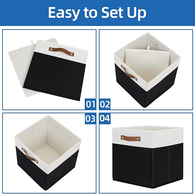 Temary Fabric Storage Bin 4 Pack Cube Storage Bin for Shelf Fabric Cube Storage Basket 13 Inch Cube Storage Bins Foldable Storage Cubes with Leather Handles(White&Black)