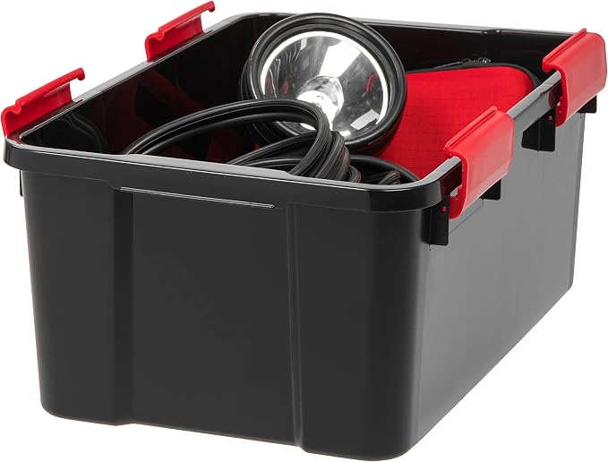 IRIS USA 6-Pack 19 Qt Storage Bins with Gasket Lids, Black/Red | WeatherPro seal protects shoes, crafts, documents and supplies from dust and moisture