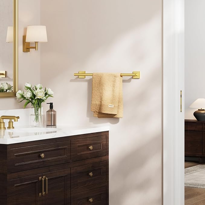 Brushed Gold Towel Bar, 18 Inch Towel Racks for Bathroom | Thicken 304 Stainless Steel Towel Holder with Square Base, Towel Rod Wall Mounted, Modern Home Decor (Total Length 20 Inch)
