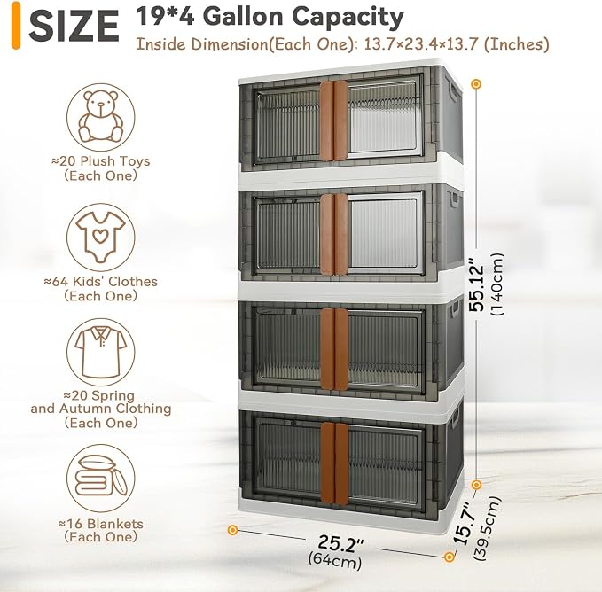 Storage Boxes, Extra Large Cabinet with Lids, 19 Gallon(72L) Capacity (Each One), 4 Packs, Useful Box with Door and Buckles, Foldable, Transparent, Excellent Home Organizers