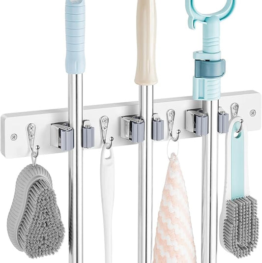 OUTNILI White Mop Broom Holder Wall Mount with 3 Slots & 4 Hooks - Wood Broom Mop Hanger for Pantry Kitchen Organization - Garden Tool Organizer for Closet Laundry Room