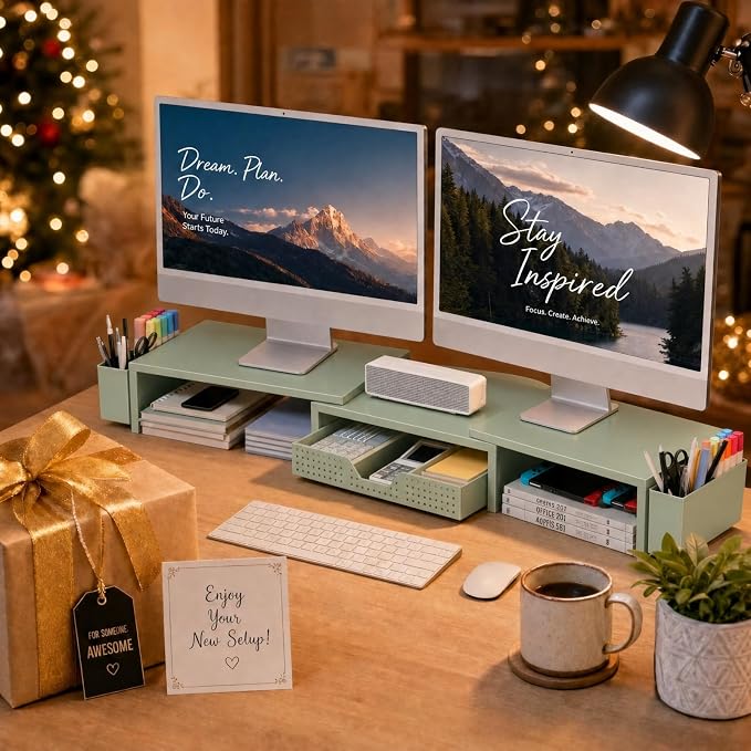 OPNICE Desk Organizers and Accessories, Dual Monitor Stand Riser with Drawer and 2 Pen Holders, Desk Shelf Computer Monitor Stand for Office Workspace Organizers, Desktop Organization (Green)