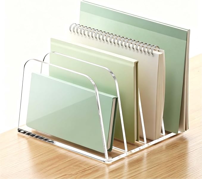 YUXUN Desk File Organizer Upright Clear Acrylic Desktop Organizer File Sorter Office Organization File Holder 4-Section Bookshelf for Home, Office & Classroom
