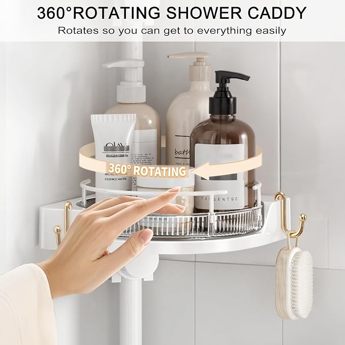 360° Rotating Corner Shower Caddy Tension Pole Organizer (White) | 4-Tier rotating shelves with hooks, adjustable tray height, upgraded rustproof metal pole, removable trays for shower storage