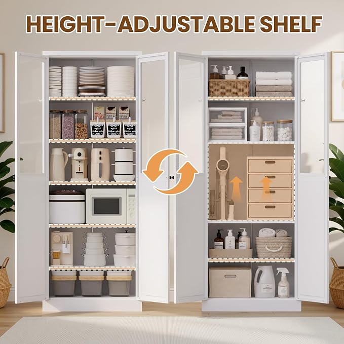 Metal Pantry Cabinet, 72" Kitchen Pantry Cabinet with 2 Doors and 5 Adjustable Shelves, White Steel Storage Cupboard for Dining, Office, Living Room, Bathroom