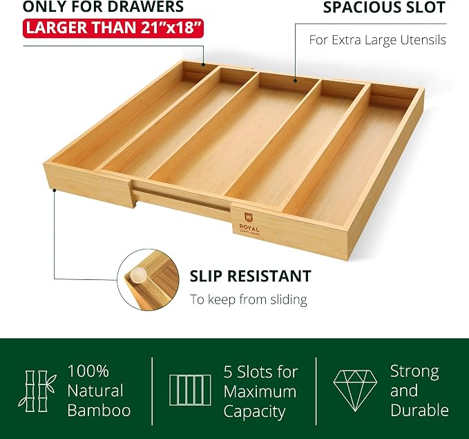 ROYAL CRAFT WOOD Luxury Bamboo Kitchen Drawer Organizer - Silverware Organizer - Utensil Holder and Cutlery Tray with Grooved Drawer Dividers for Flatware and Kitchen Utensils (5 Slot, Natural)