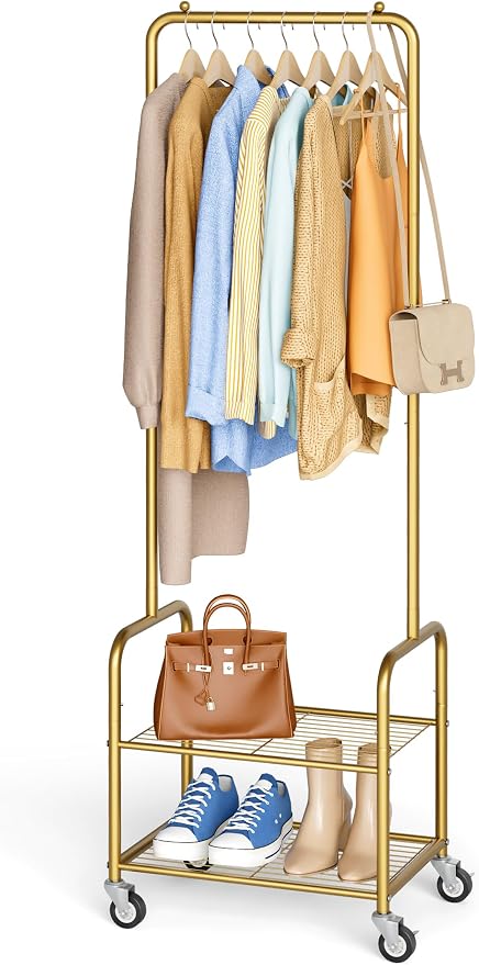 AOODA Small Clothes Rack with Shelves, Metal Sturdy Rolling Clothing Racks for Hanging Clothes, Portable Garment Rack with Wheels for Shirts, Coats, Shoes, Bags (Gold)