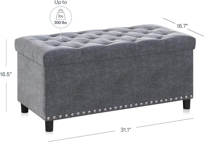 BELLEZE Storage Ottoman, Tufted Ottoman with Close Hinge, Foot Rest for Living Room (Gray, 31 inch)