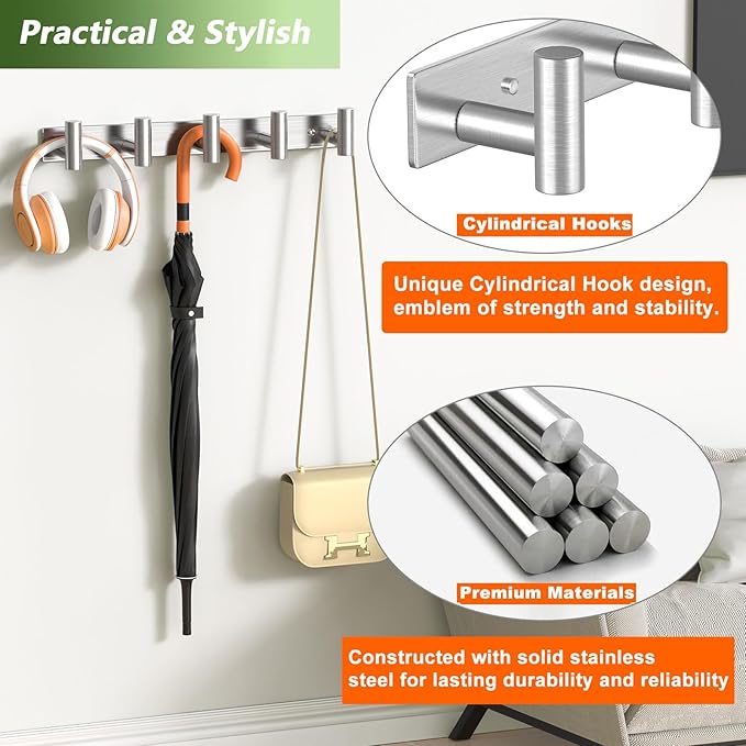 Wall Mounted Coat Rack-5 Hooks, Heavy Duty Stainless Steel Wall Hooks for Towel Coat Bag, Hat Rack Coat Hanger Coat Hooks Towel Racks for Bathroom Entryway Kitchen Hotel (Silvery, 1 Pack)