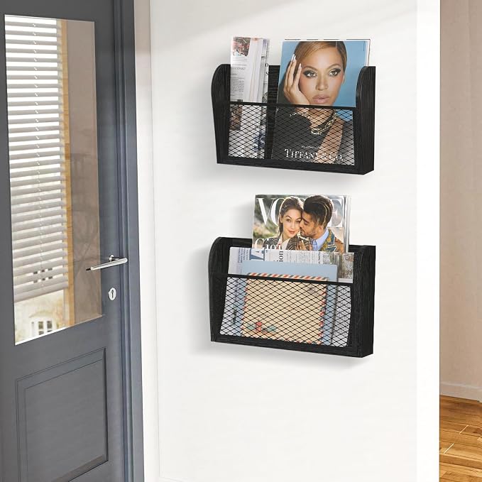 YINMIT 2 Packs Wall File Organizer, Single Pocket Wall File Holder | Wood Hanging File Organizer, Mail Holder for Wall, Wall Mount Paper Folder Rack for Office and Home, Black