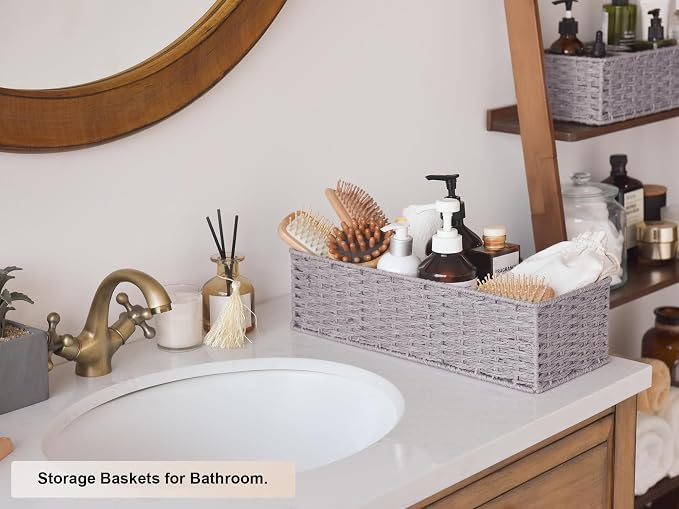 StorageWorks Bathroom Basket Organizer, Wicker Toilet Paper Basket, Gray | Long Narrow Wicker Baskets for Bathroom Decor, Paper Rope Toilet Tank Baskets for Tank Topper, 2 Pack