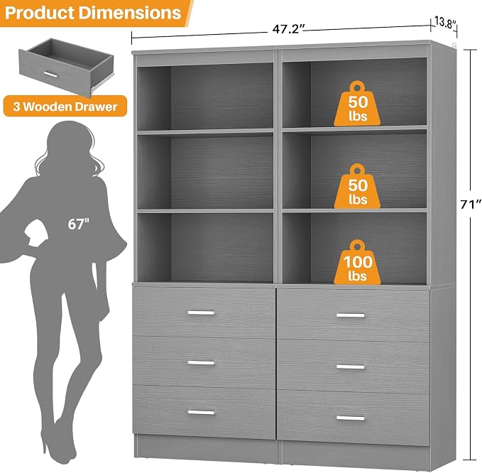 Aheaplus 47.2" Closet Drawers System, 3.94FT Wood Closet Organizer System with 3 Drawers, Modular Small Walk-in Closets Storage Unit, Set of 2, Grey (47.2" L x 13.8" W x 71" H)