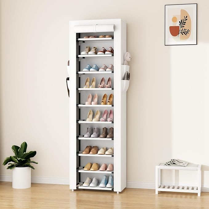 ROJASOP Shoe Rack with Covers 10 Tier Large Shoe Organizer Tall Shoe Closet Storage for 20-22 Pairs Shoe and Boot, Free Standing Shoe Rack Organizer for Closet, Entryway, Bedroom, White