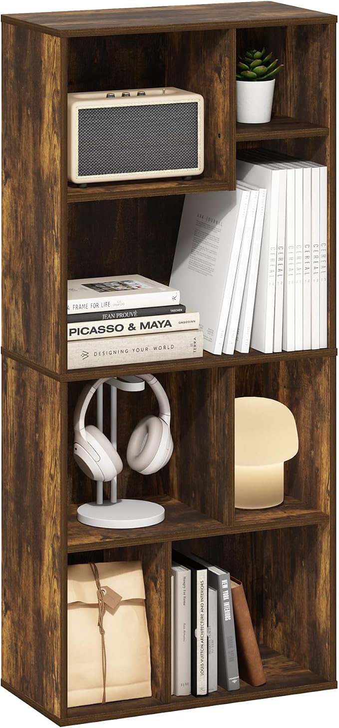 Furinno DALY Book Shelf, 7-Cube Bookshelf, Cube Storage Organizer Bookcase with Irregular Compartments, 9.4 x 18.9 x 42.1, for Living Room, Bedroom, Home Office, Amber Pine
