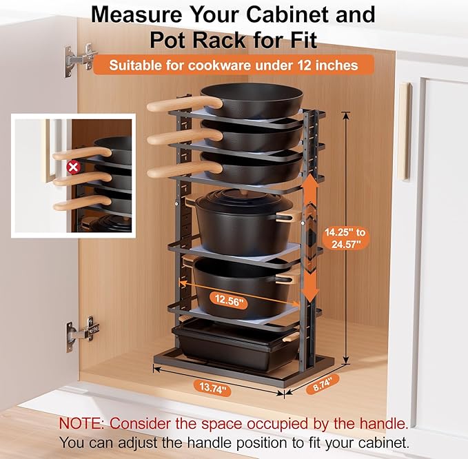 LAMU Pots and Pans Organizer for under Cabinet, 6-Tier Heavy Duty Pan Pot Organizers inside Cabinet Adjustable 14 to 24.57", Pot Rack Kitchen Cabinet Organization and Storage Holds up to 12" Cookware