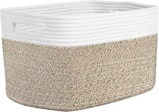 Storage Baskets for Organizing, 14 x 10 x 9” Closet Shelf Woven Baskets, Square Bins with Handles, Cotton Rope Basket for Clothes, Office, Room, White+Rice Brown 1 Pack