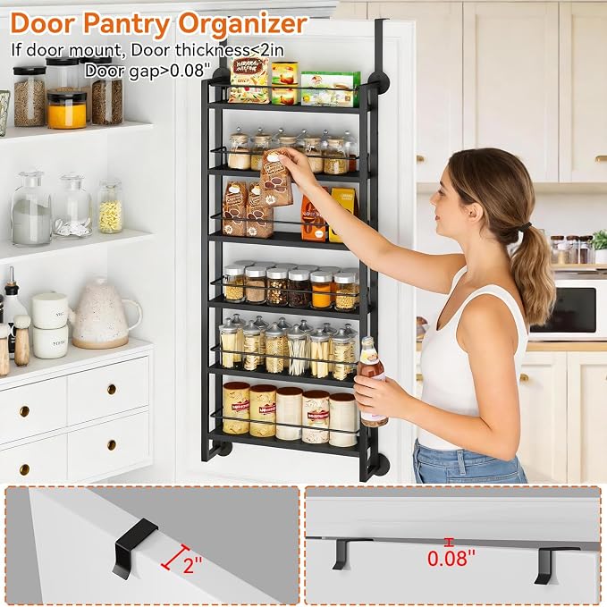 IBUYKE Over the Door Spice Organizer,Door or Wall Mount,Black TLJ028B | 6 Tier Wall Mounted Spice Rack Adjustable Hanging Storage Shelves Spice Organization for Kitchen cabinet Bathroom Closet