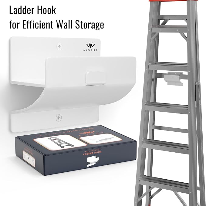 White Ladder Hooks for Garage Wall - Step Stool Holder for Shed & Workshop | Heavy Duty Wall Mount Step Ladder Hanger, Practical Space-saving Garage Storage Solution, Easy to Install