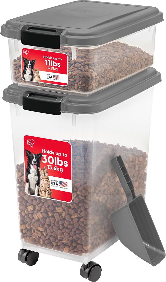 IRIS USA Dog Food Storage Container, Up to 30+11 lbs, Dark Gray | Made in the USA, Includes 2-Cup Scoop & Wheels, Airtight Seal, BPA-Free, Bird Seed, Cat food, Cat Litter, Treats, Toys