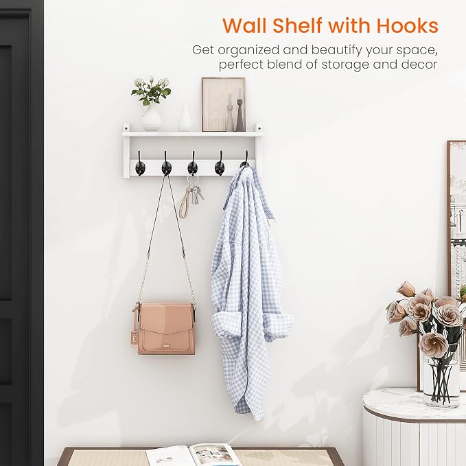 Homode Wall Shelf with Hooks, Coat Rack Wall Mount with Pegs, Hanging Entryway Coat Hanger, Wood and Iron Shelf for Bathroom, Hallway, Bedroom, White