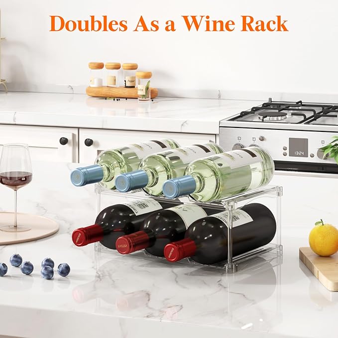 Lifewit Stackable Bottle Storage Organizer, Clear Freestanding Wine Holder for Cabinet, Large Slot Water Bottle Tumbler Cup Organizer for Pantry, Plastic Wine Rack for Fridge Cellar, 2Tier Hold 6
