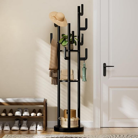 Yoobure Rotary Coat Rack Freestanding - Solid Wood Coat Tree with 9 hooks & 3 Storage Shelves for Purse, Bag, Jacket, Hat, Corner Hanger Stand Racks for Hall, Entryway, Office, Clothes Holder, Black