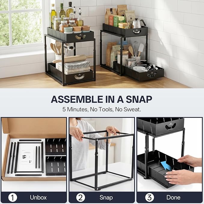 Adjustable Under Sink Organizer, 2 Tier Under Sink Organizers and Storage,Slide Out Metal Cabinet Organizers, Pull Out Cabinet Storage Drawer Shelf for Kitchen Bathroom (1, black)
