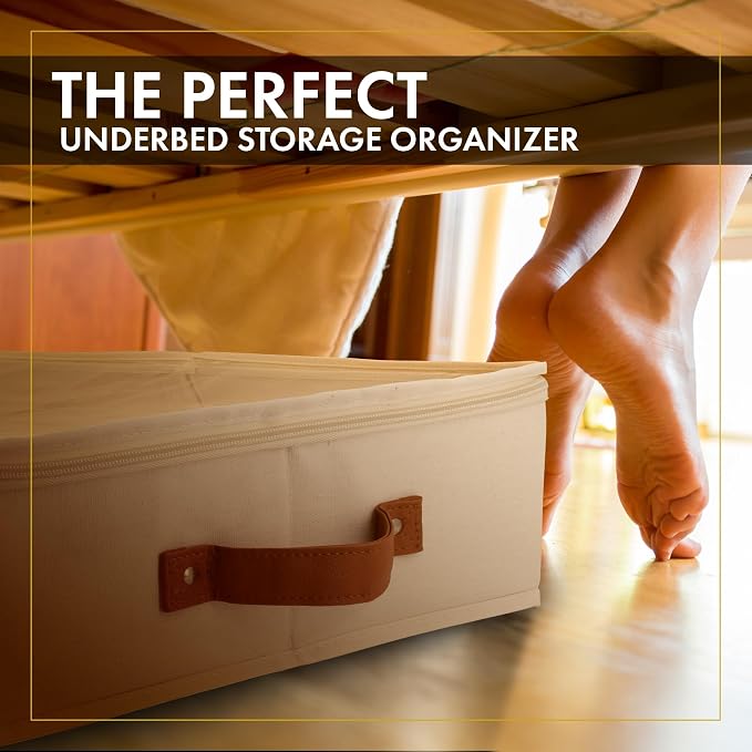 2pc Under Bed Storage Containers, Bedroom Under the Bed Drawer Storage Organizer with Bins and Lids, Medium Underbed Clothes Storage Box Ideal for Blanket, Fabric, & Shoes (Ivory)
