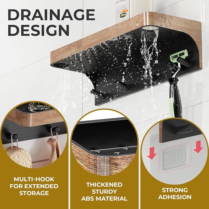 Shower Caddy Adhesive with 5 Hooks & Drainage, No-Drill, Wood | Plastic Wall Bathroom Shelf Rack Organizer, Inside Shower Storage Holder for Bath Accessories, Bathroom Shelves Wood-Look