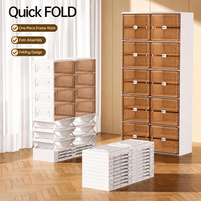 40 Pairs Shoes Storage Cabinet of 3-Step Fast Installation,Plastic Shoe Rack with Clear Magnetic Door for Display，Foldable Shoe Organizer for Entryway, Living Room, Garage (2 Row, 10 Tier)