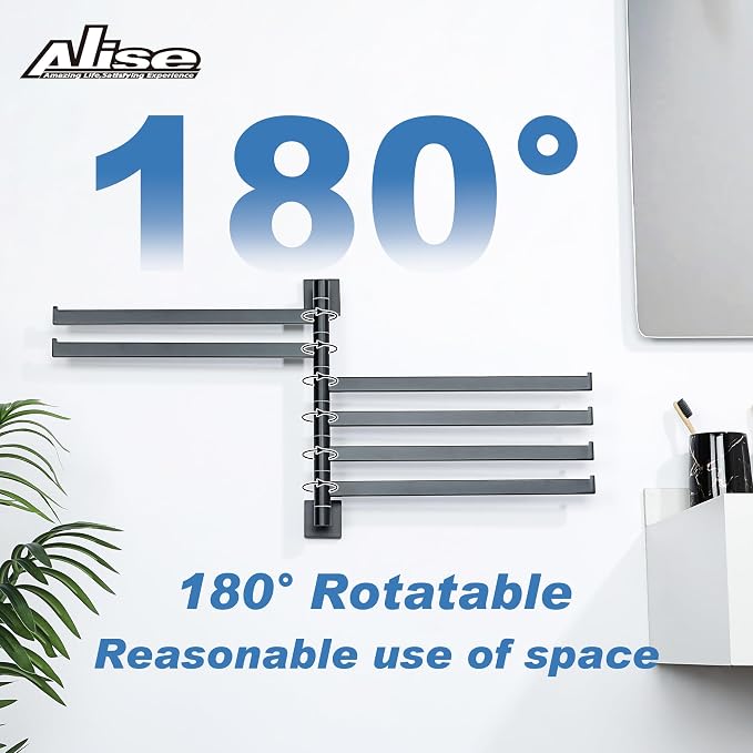 Alise 6 Arm Swivel Towel Rack, Matte Black Swivel Out Towel Bar, 13.6 Inch | Space Saving Swing Arm Towel Rack for Bathroom Kitchen Outdoor, 180° Rotating, SUS304 Stainless Steel