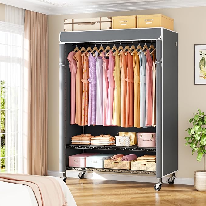 P6C Plus Rolling Clothes Rack with Cover, Covered Clothing Rack | Portable Closets for Hanging Clothes, Heavy Duty Garment Rack on Wheels, Black Closet Rack with Gray Cover, Max Load 375LBS