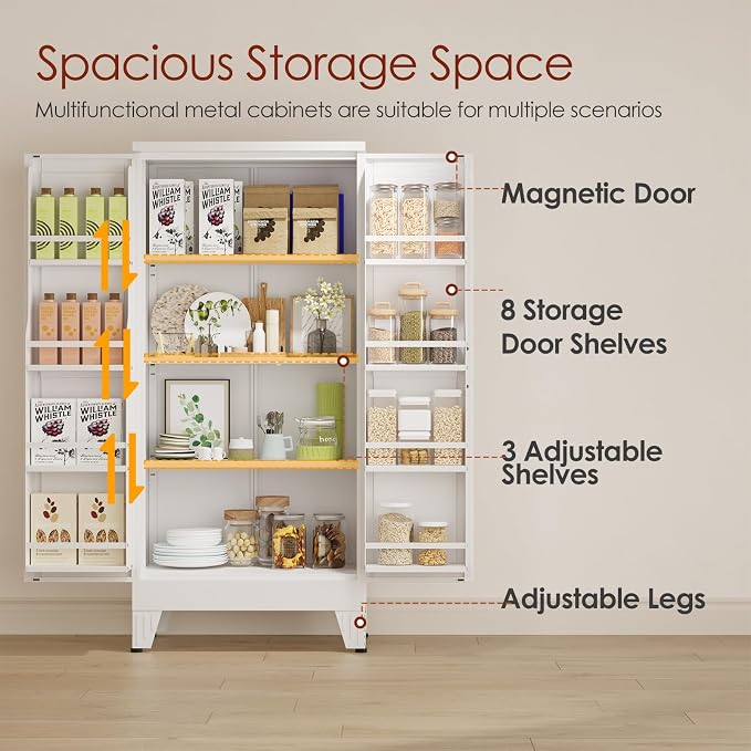 winiowa Metal Kitchen Pantry Storage Cabinet, Pantry Cabinet with Doors and Adjustable Shelves, Steel Storage Cabinet for Kitchen, Dining Room, Living Room-White