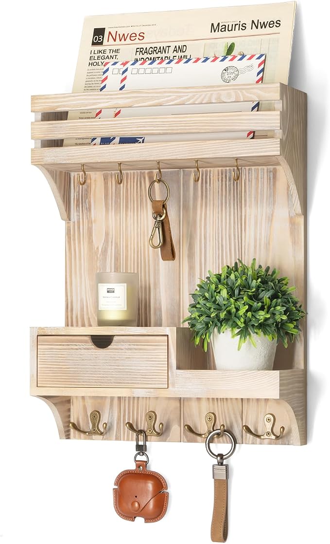 Rebee Vision Key Holder Wall Mount with Drawer for Entryway, Natural Wood | Key Holder for Wall, 9 Key Hooks, Wall Shelf, Drawer Organizer, Mail Sorter, Key Hanger Home Decor, Decorative Home Storage