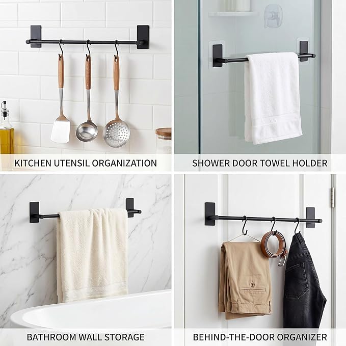 Adhesive Bath Towel Bar 24-inch Black, No Drill Stick On Towel Rack, Easy Install with Self-Adhesive, Premium SUS304 Stainless Steel (Black, 24)